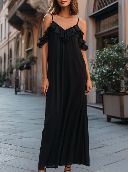 Ruffle Trim Spaghetti Strap Maxi Dress With Cold-Shoulder Detail