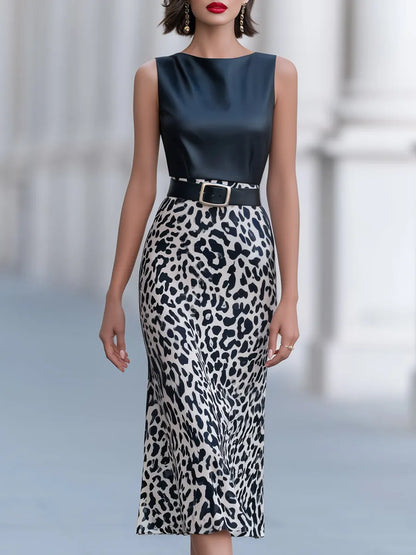 Belted Faux Leather Bodice Leopard Print Midi Dress