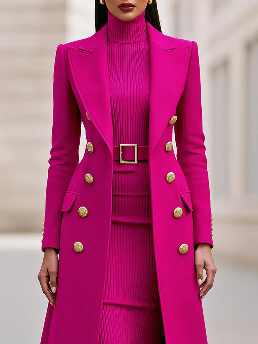Double-Breasted Maxi Coat And Belted Knit Midi Dress Set