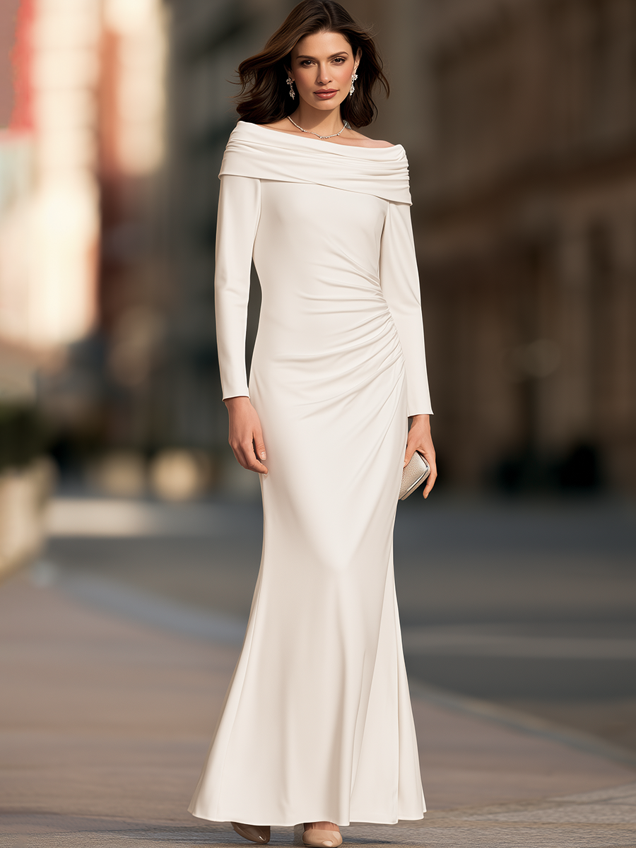 Off-Shoulder Foldover Neckline Ruched Mermaid Maxi Dress