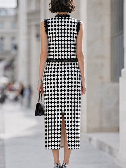 Checkered Pattern Lace-Trimmed Top & Midi Skirt Set