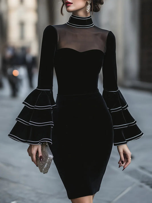 Robe midi moulante à volants aux manches et empiècement transparent