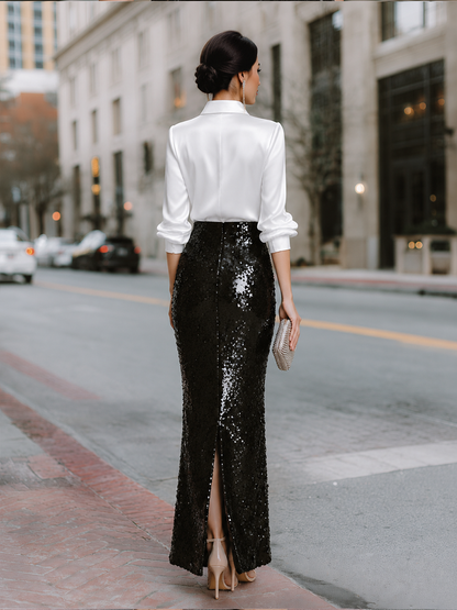 Satin Button-Front Blouse And Sequin Mermaid Maxi Skirt Set