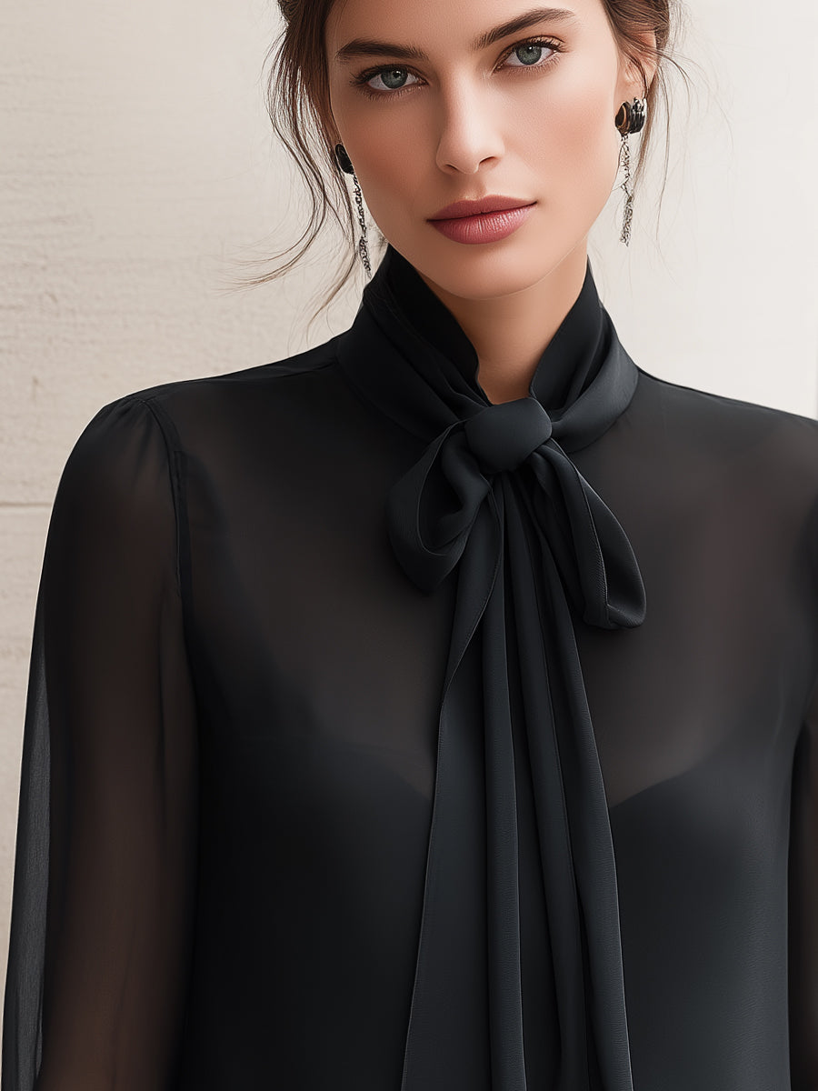 Sheer Sleeve Tie-Neck Chiffon Blouse