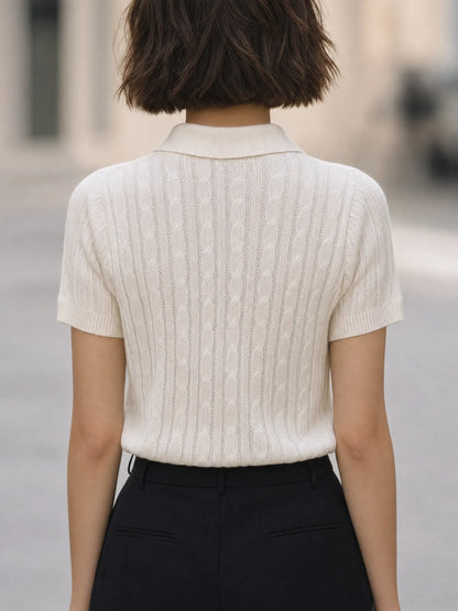 Elegant White Cable Knit Polo Sweater Top