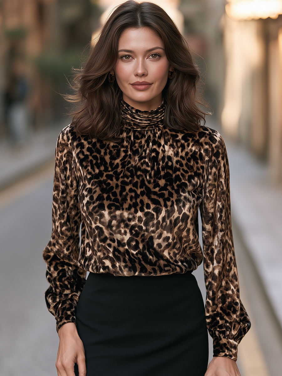 Women's Leopard Print High Neck Long Sleeve Blouse Top
