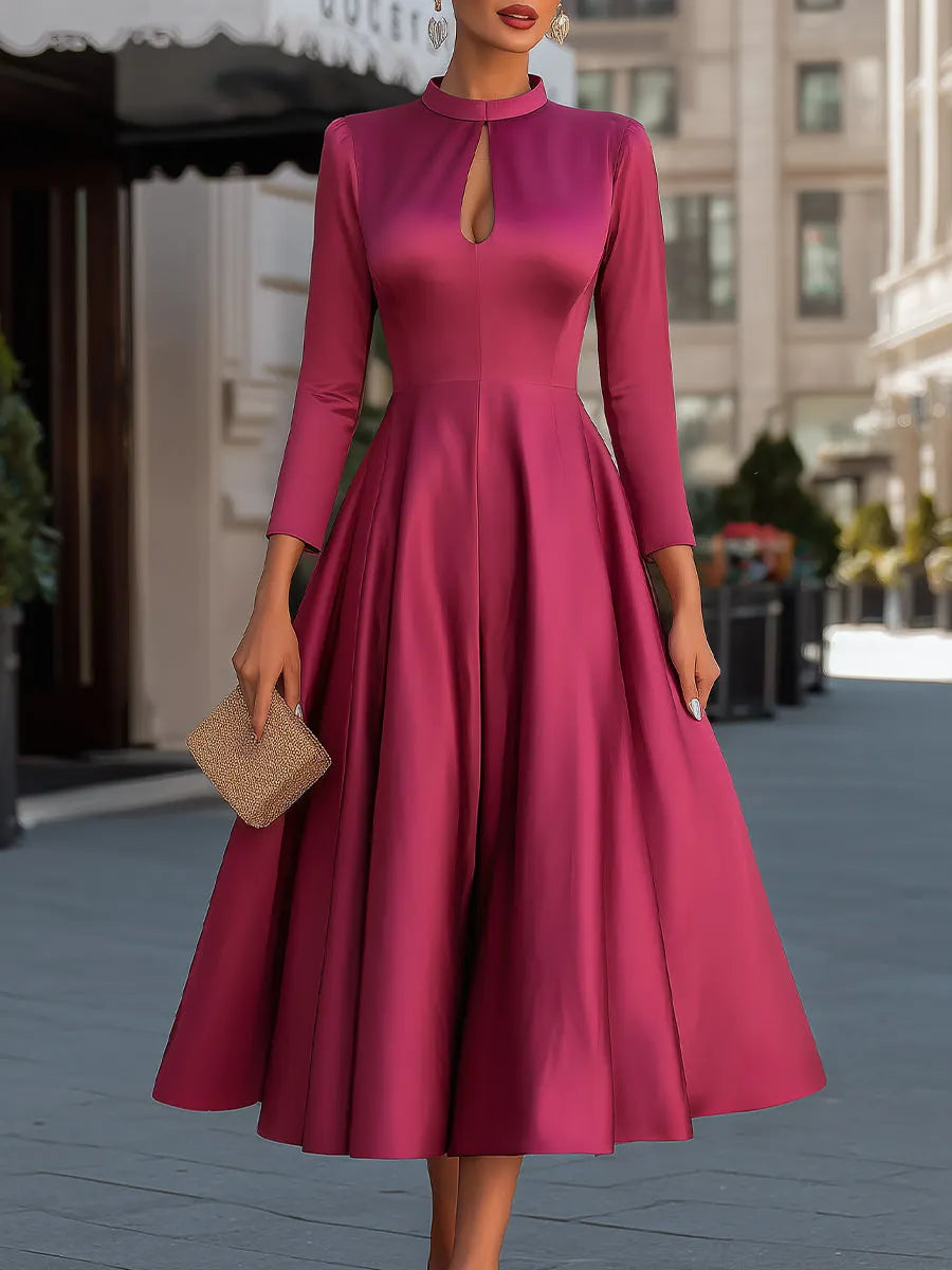 Satin Keyhole Neck Full A-Line Midi Dress