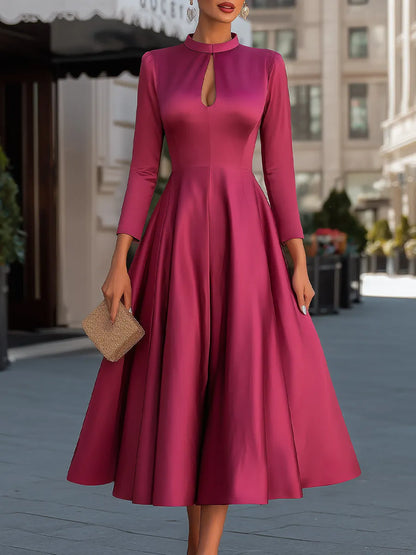 Satin Keyhole Neck Full A-Line Midi Dress