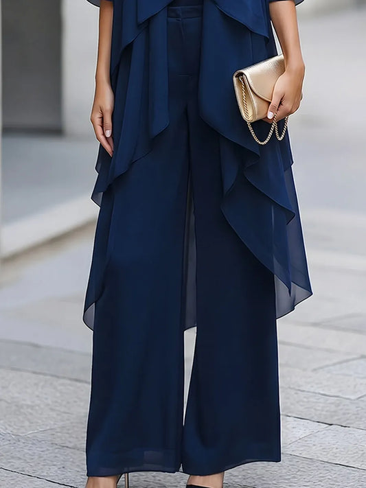 Layered Chiffon Overlay Top And Wide-Leg Trousers Two-Piece Set