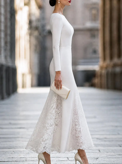 Elegant Long Sleeve Lace Splicing Mermaid Maxi Dress