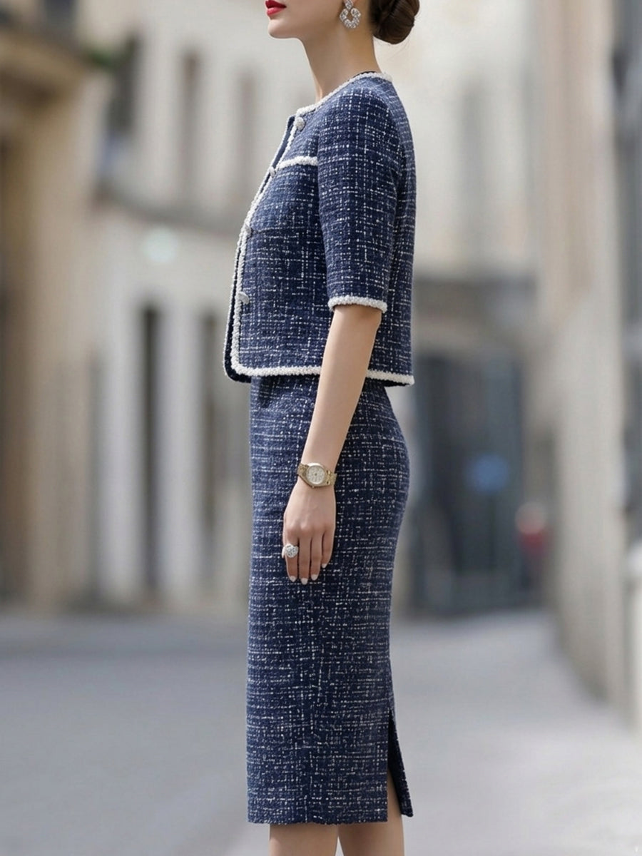 Tweed Two-Piece Set: Short-Sleeve Trimmed Jacket & Pencil Skirt