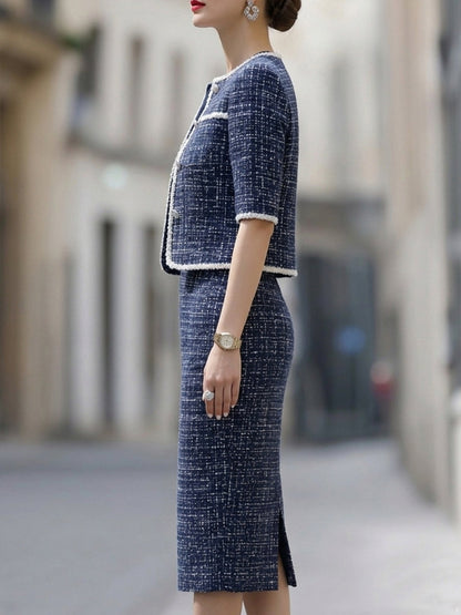 Tweed Two-Piece Set: Short-Sleeve Trimmed Jacket & Pencil Skirt