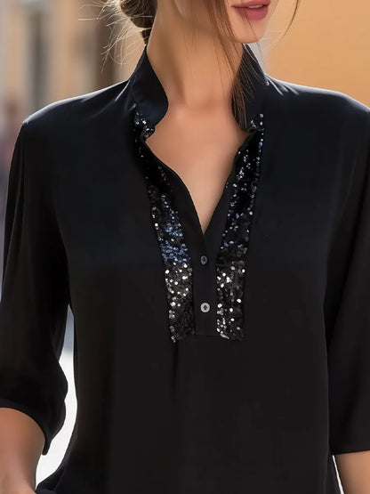 Sequin Placket 3/4 Sleeve Stand Collar Blouse