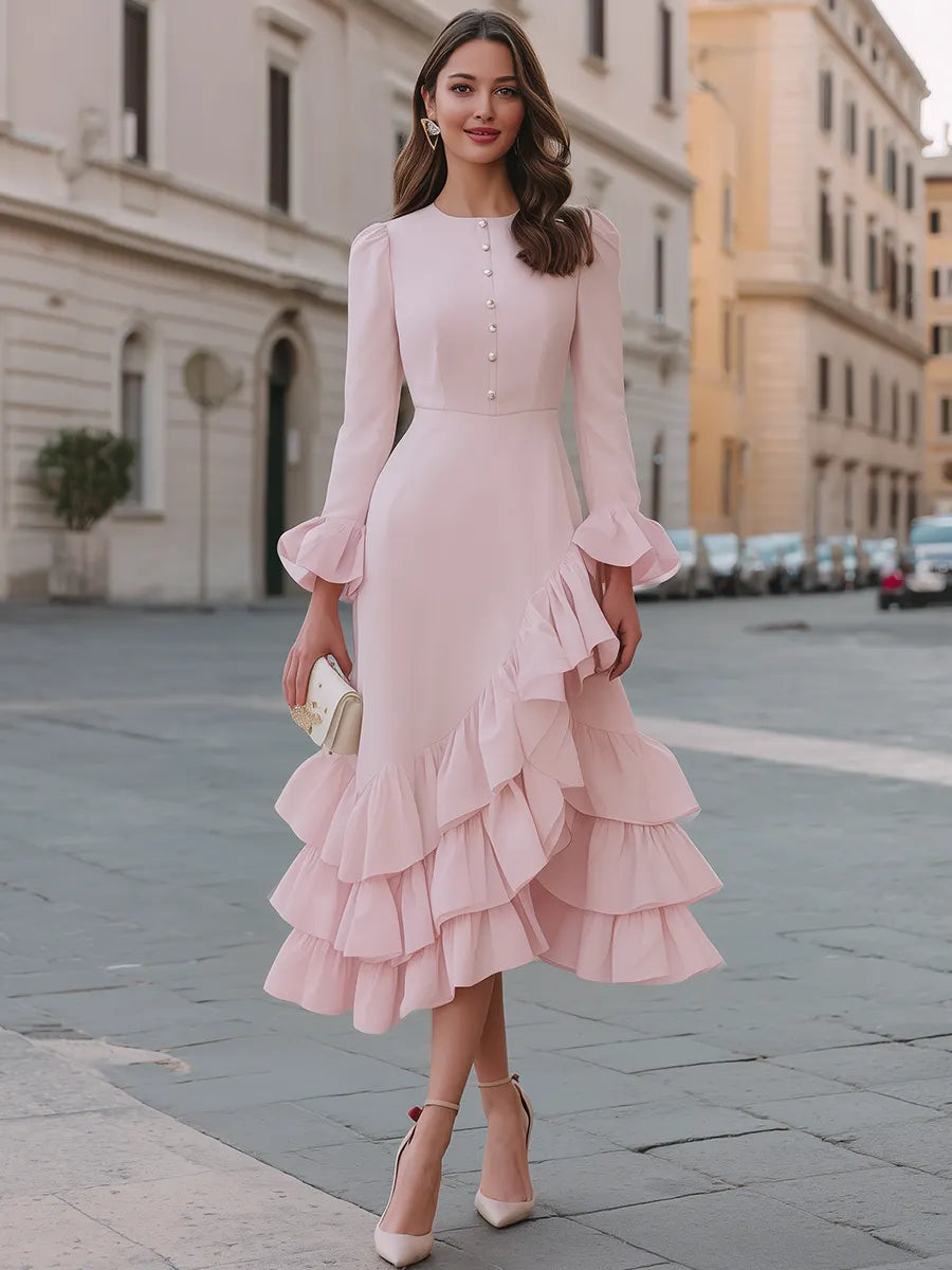 Button-Front Ruffle-Hem Midi Dress With Flounce Sleeves