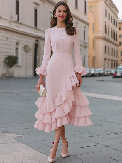 Button-Front Ruffle-Hem Midi Dress With Flounce Sleeves
