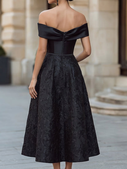 Vintage Jacquard Off-the-Shoulder Bow Formal Midi Gown