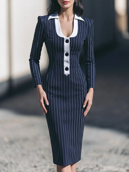 Contrast Collar Pinstripe Midi Dress