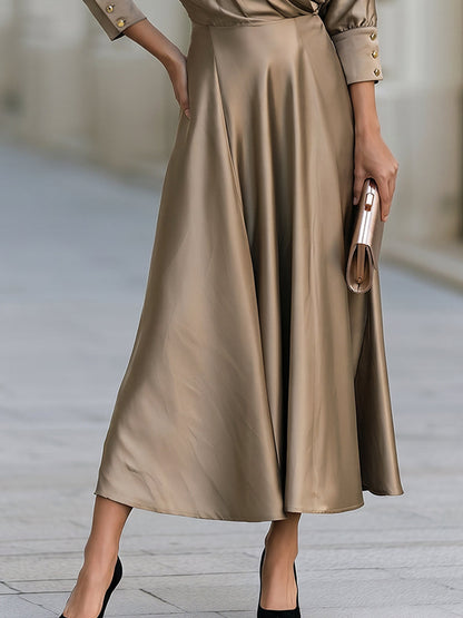 Satin Wrap Collar Maxi Dress With Gold Button Cuff Detail