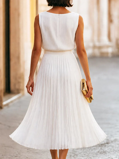 Sleeveless Pleated Chiffon Flowy A-Line Skirt Midi Dress