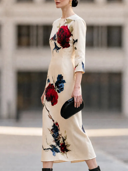 Floral Print Round Neck 3/4 Sleeve Bodycon Midi Dress