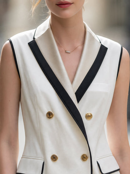 Contrast Trim Double-Breasted Sleeveless Tailored Vest