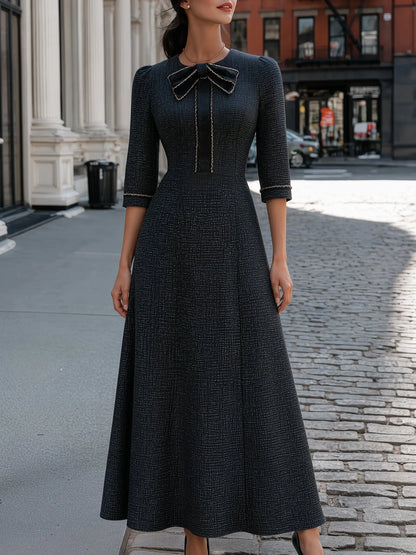 Tweed-Texture Bow-Collar A-Line Maxi Dress