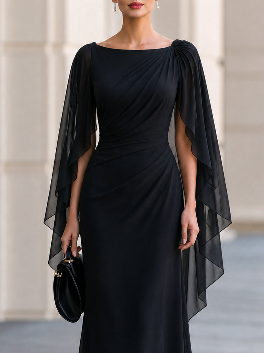 Black Boat Neck Draped Chiffon Cape Sleeve Maxi Formal Evening Gown