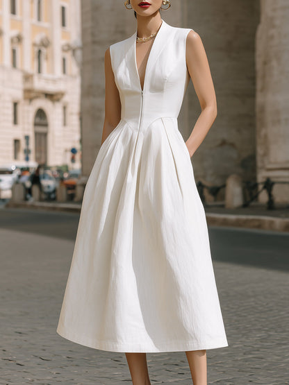 Sleeveless Deep V-Neck Sculpted Midi Dress