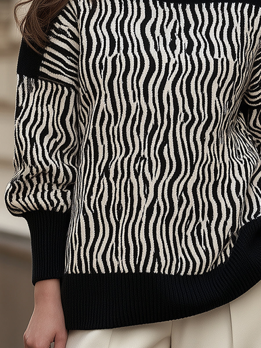 Abstract Stripe Mock Neck Knit Sweater