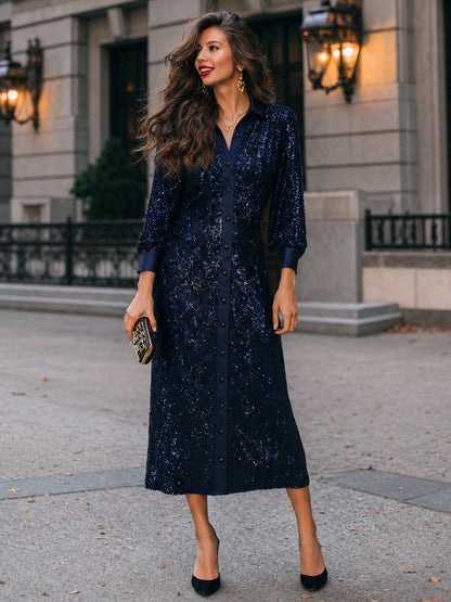 Navy Sequin Long Sleeve Button-Up Shirt Midi Dress