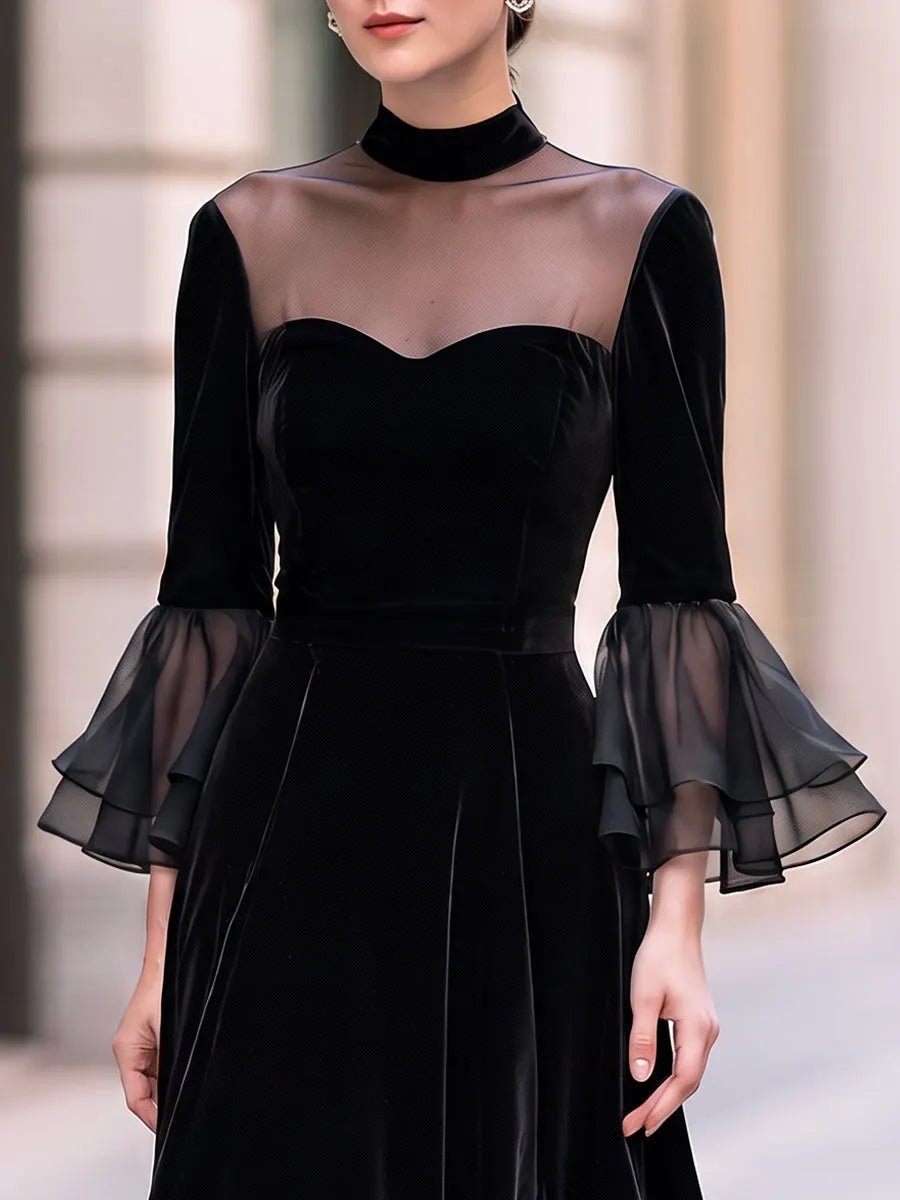 Sheer-Yoke Velvet Ruffle Midi Dress
