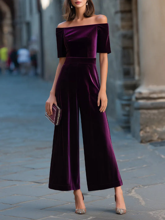 Off-Shoulder Velvet Short Sleeve Wide Leg Jumpsuit
