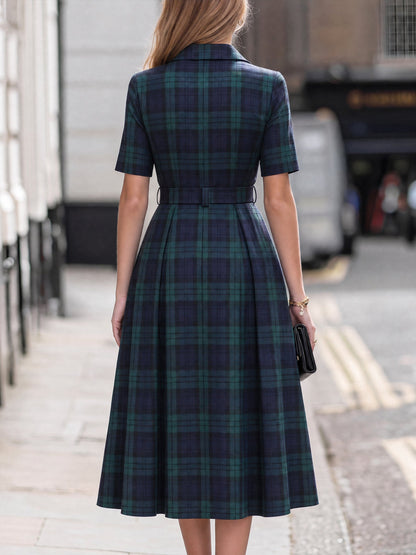 Tartan Plaid Shirt-Style Tailored Midi Dress