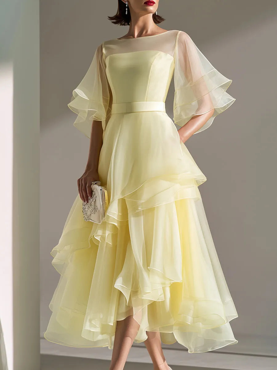 Sheer Yoke Flutter Sleeve Layered Organza Midi Dress