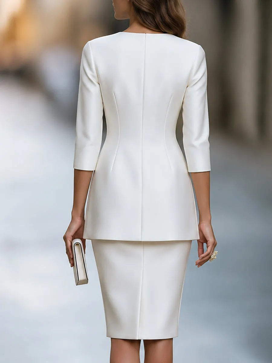 Elegant Zip Front Blazer Jacket And Pencil Skirt Set