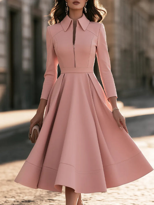 Zip-Front Collared Maxi Dress With Full Skirt
