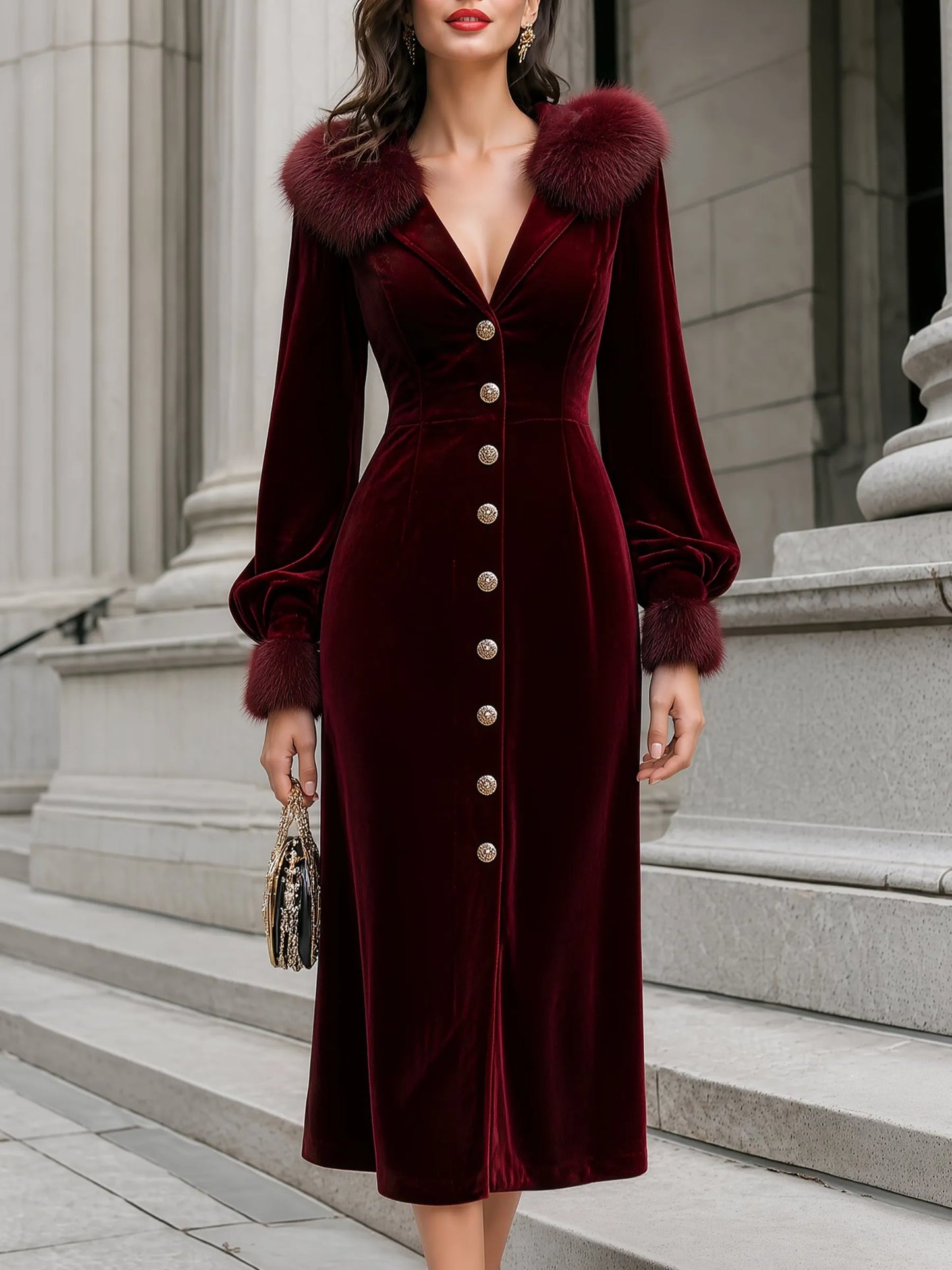Velvet Fur-Collar Puff-Sleeve Slim Midi Dress