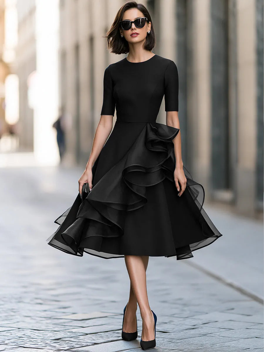 Asymmetrical Ruffle A-Line Midi Dress