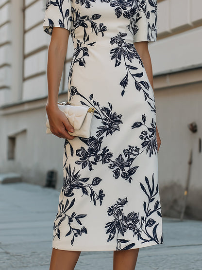 Botanical Print Short Sleeve Midi Dress