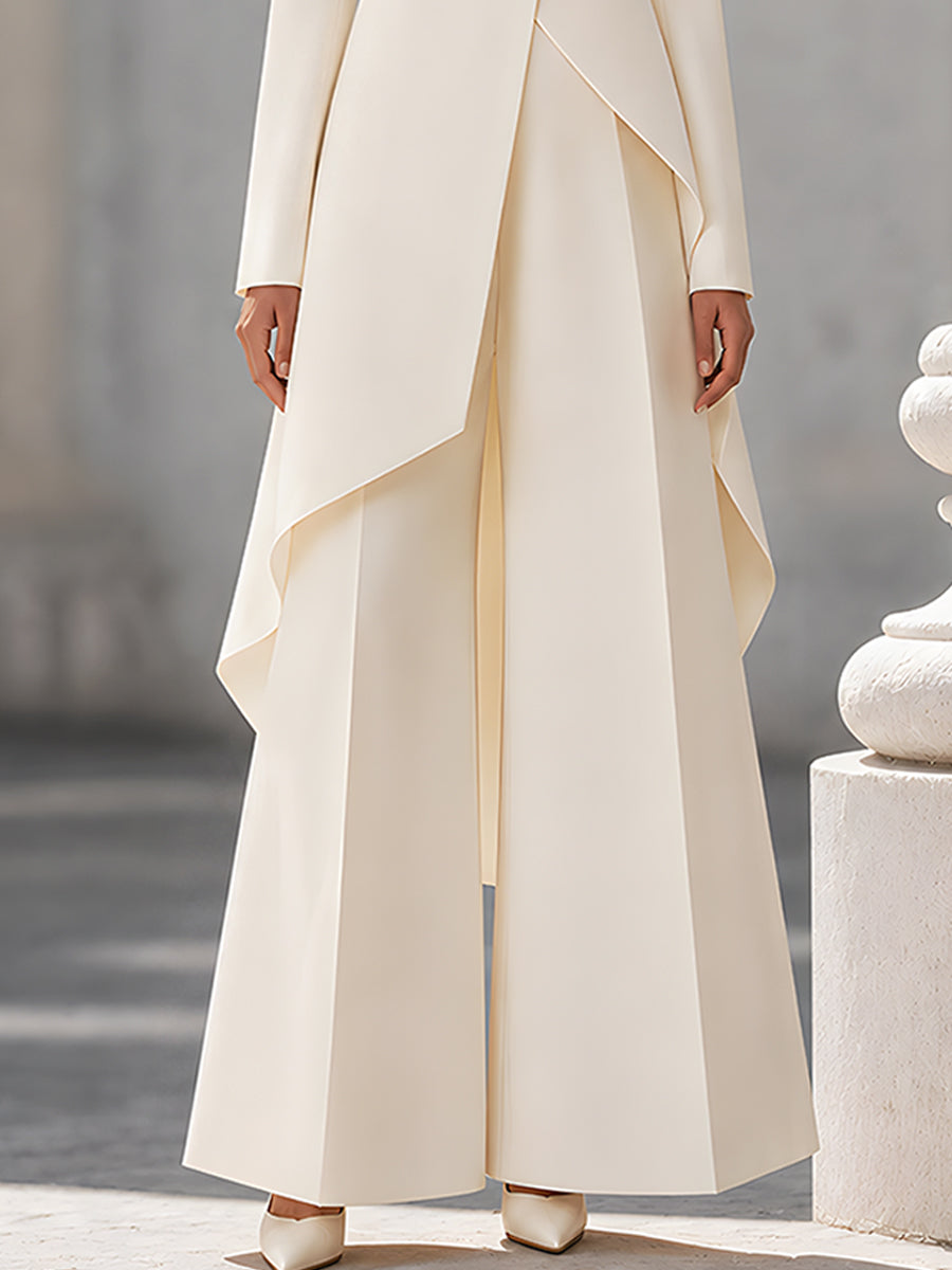 Elegant Ivory High Neck Tailored Longline Coat Set