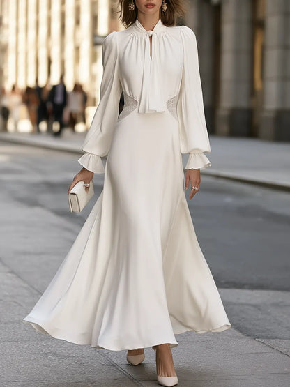 Tie-Neck Lace-Panel Balloon-Sleeve Maxi Dress