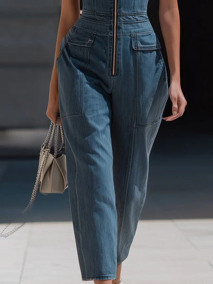 Denim Halter Neck Zip-Front Cropped-Leg Jumpsuit