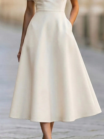 Asymmetric Lapel Short Sleeve Fit-and-Flare Midi Dress