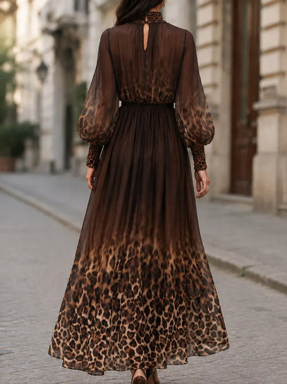 Puff Sleeves Leopard Print Chiffon Flowing Maxi Dress