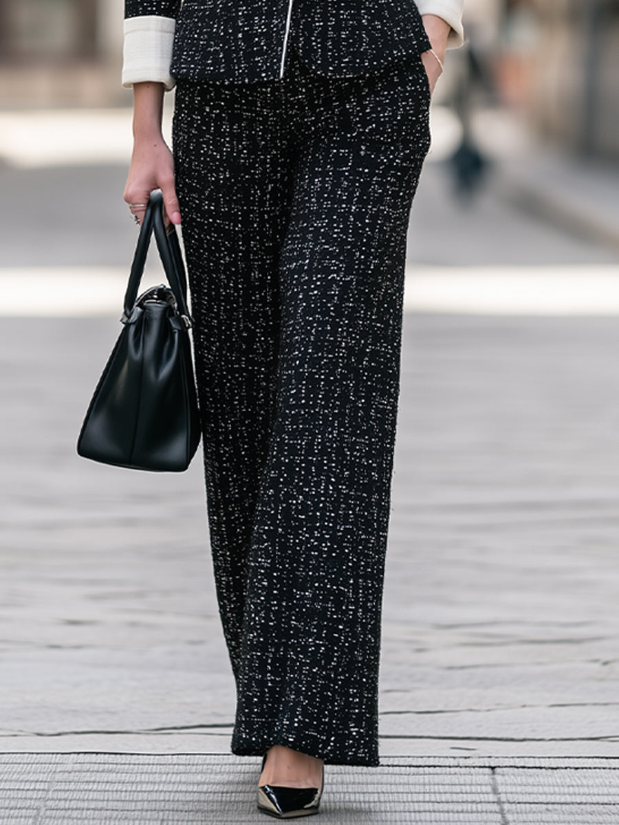 Contrast-Trim Tweed Blazer And Wide-Leg Pants Set