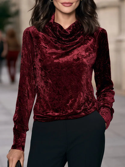 Elegant Velvet Cowl Neck Long Sleeve Blouse