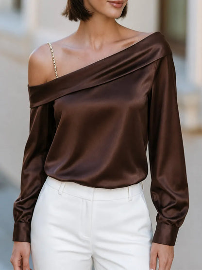 Satin One Shoulder Gold Chain Strap Blouse