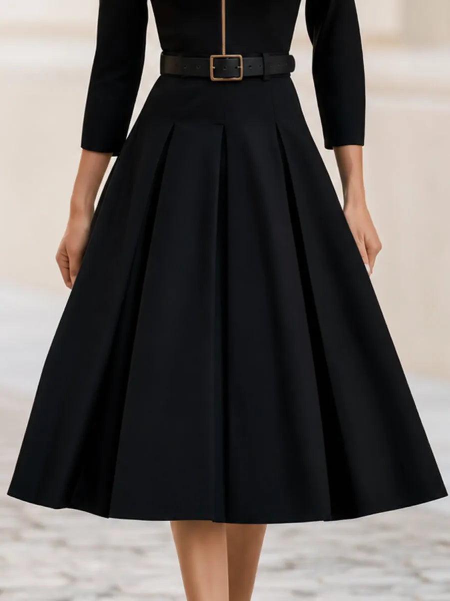 Collar Zip Front 3/4 Sleeve Belted Pleated Midi Dress