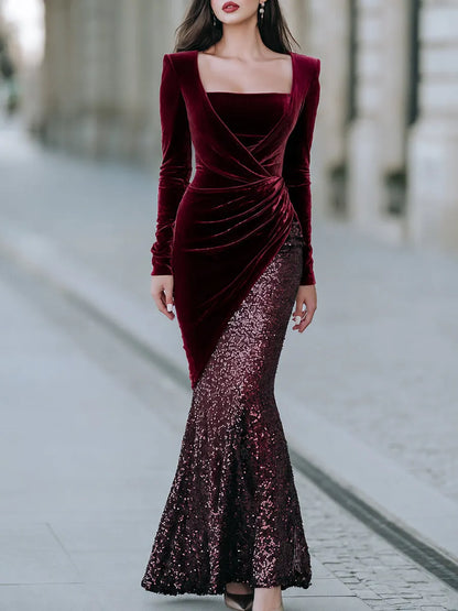 Velvet Wrap Sequin Mermaid Evening Gown