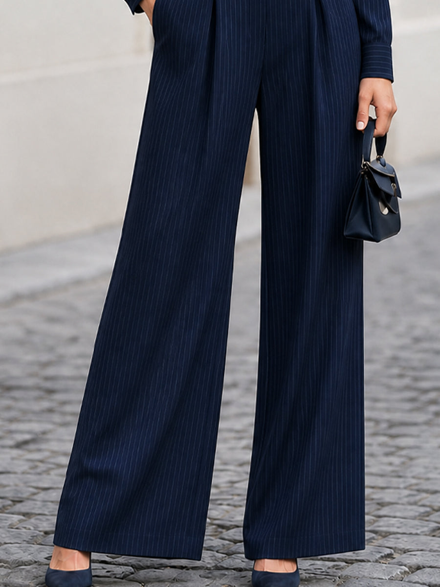 Collared V-Neck Shirt & High Waist Pleated Wide Leg Pants Two-Piece Suit
